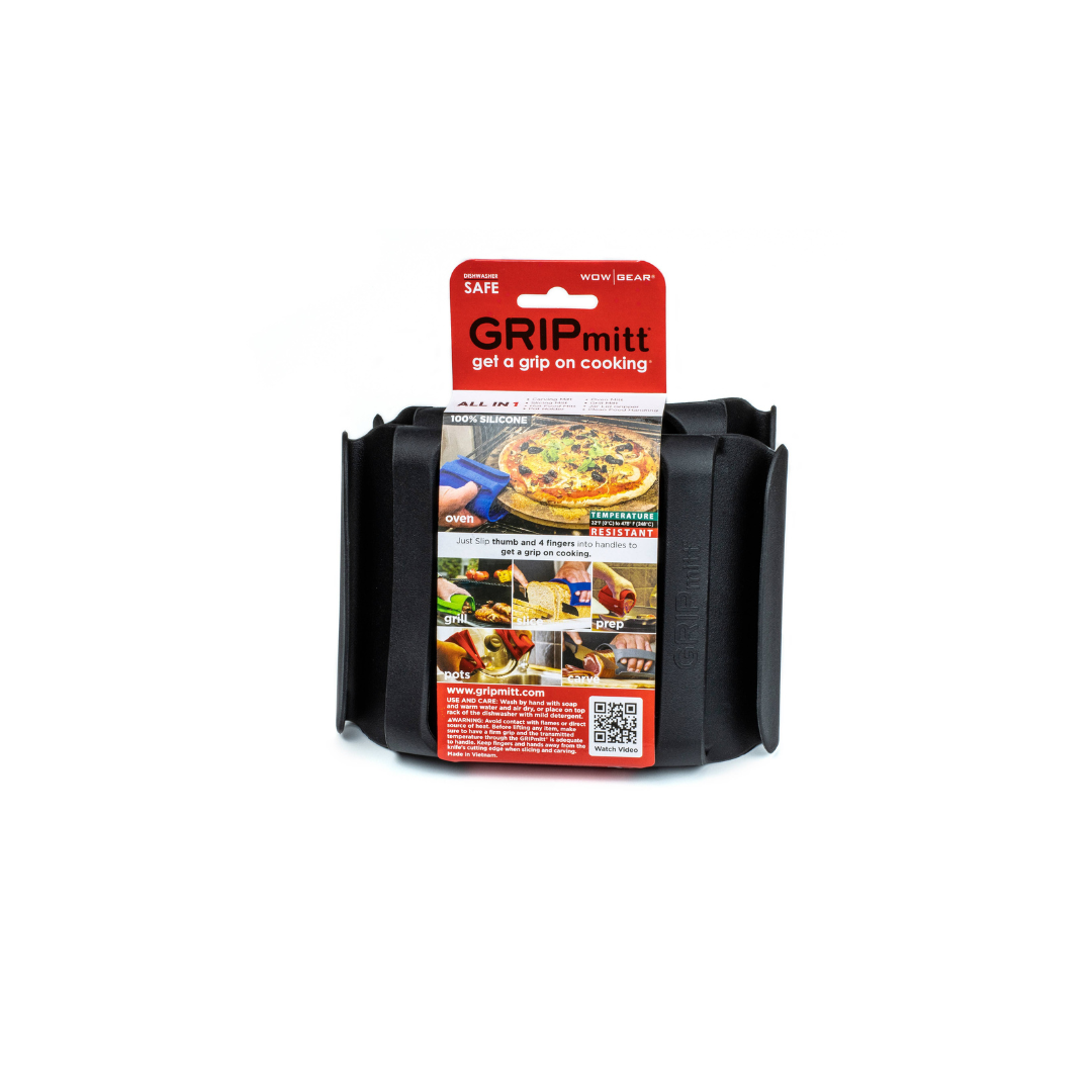 GRIPmitt® is the only cooking mitt you will ever need in the kitchen and at the grill station. This innovative and versatile mitt provides for dexterous, safe and easy handling of hot, cold and raw foods; hot pots and pans while prepping, cooking, grilling, carving and slicing. Hygienically slice breads without using a hand towel and prepare raw meats, poultry and vegetables without bare hands. Slice cooked meats and carve cooked poultry without burning your hands or using a carving fork.