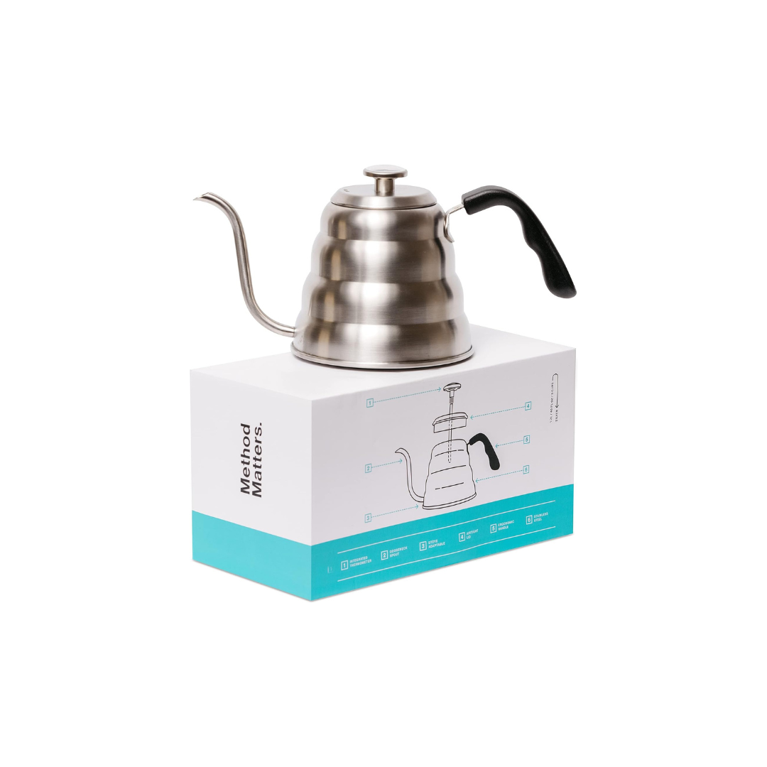 Silver pour over kettle on top of kettle box