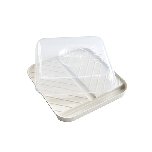 White reusable bacon tray with clear lid on a white background