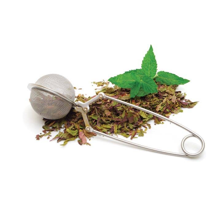 Metallic tea infuser with dried herbs and a mint leaf on a white background