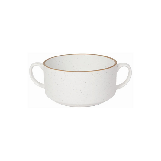Soup Bowl in classic white! This sleek bowl features convenient side handles that keep your hands cool