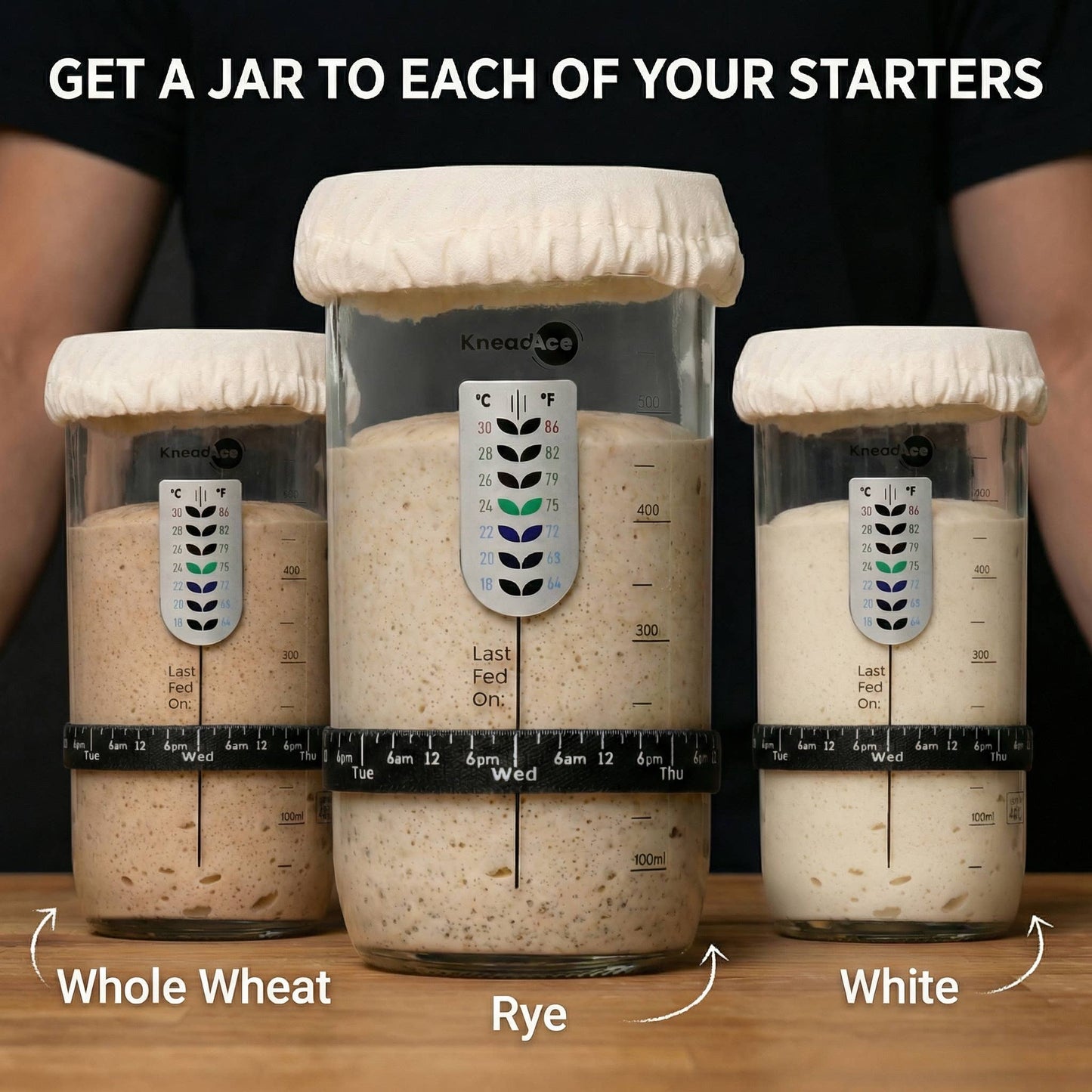 Three glass jars labeled 'Whole Wheat', 'Rye', and 'White' with a person partially visible on either side.