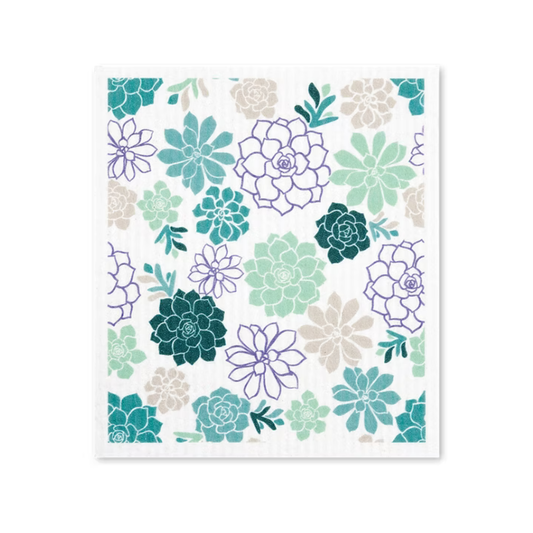 Pattern of succulent plants in teal, purple, and beige on a white background