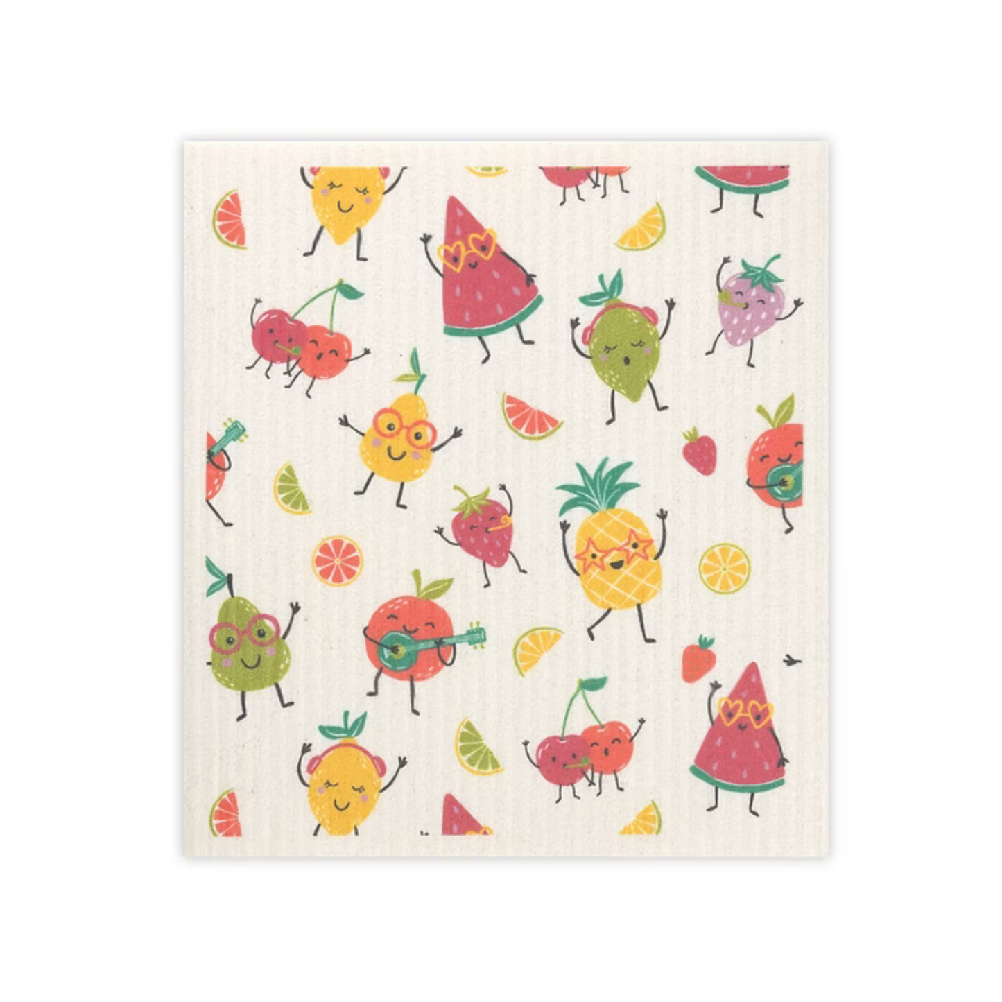 Fabric with cartoon fruit characters on a white background