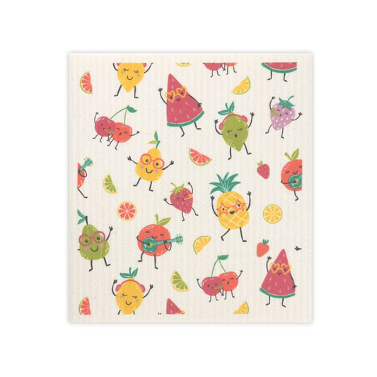 Fabric with cartoon fruit characters on a white background