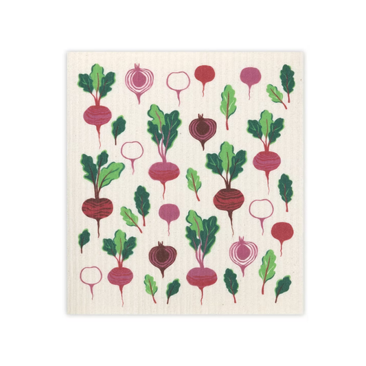 Dishcloth with red and green radish pattern on a white background