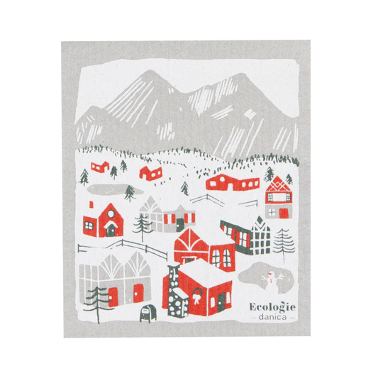 Sponge cloth with a village design and mountains, featuring the brand 'Ecologie danica'.