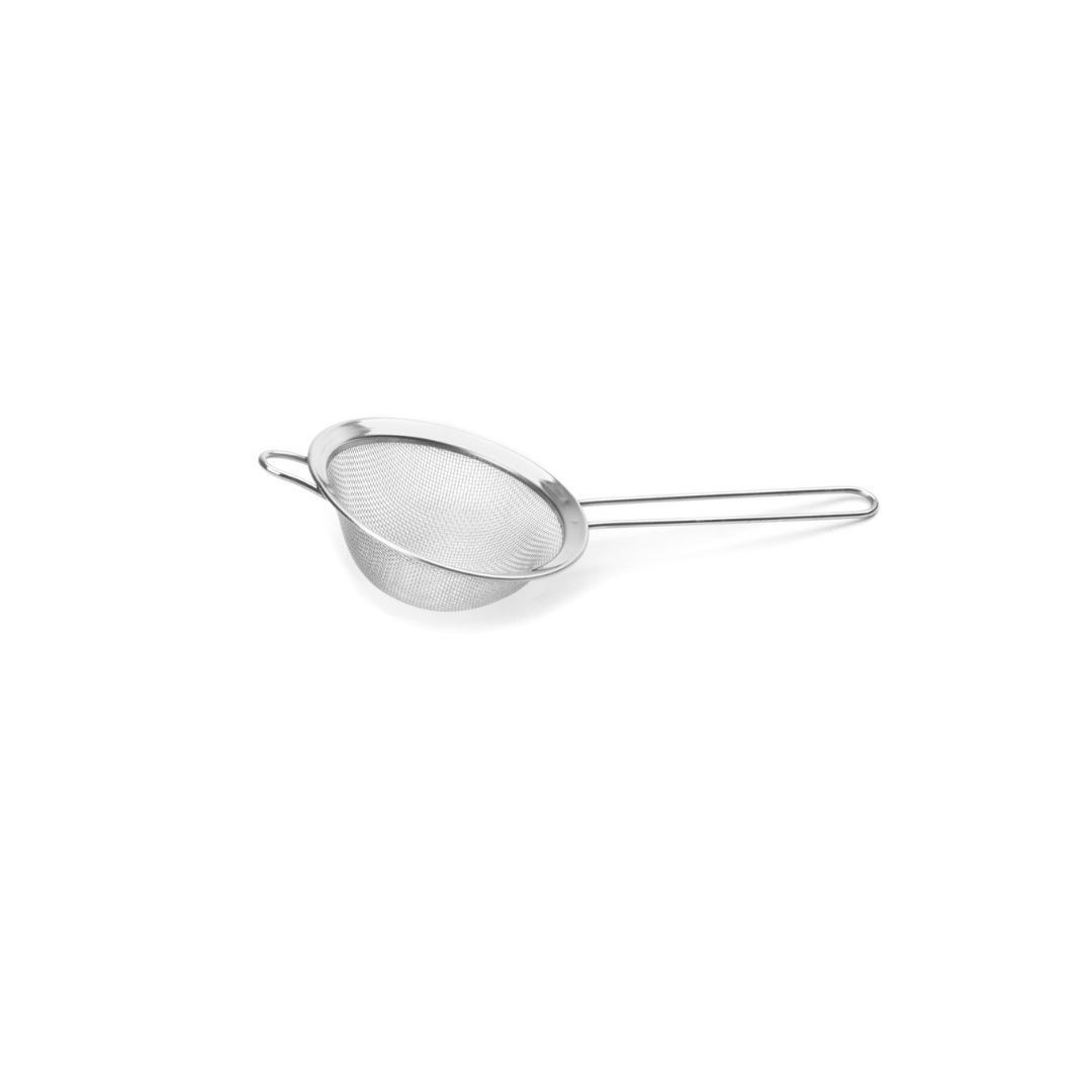A kitchen essential, this stainless steel fine mesh strainer (9.75" x 4.25" x 1.75") is perfect for straining broth, gravy, sauces, jams, and tea, as well as sifting flour or powdered sugar over baked goods.