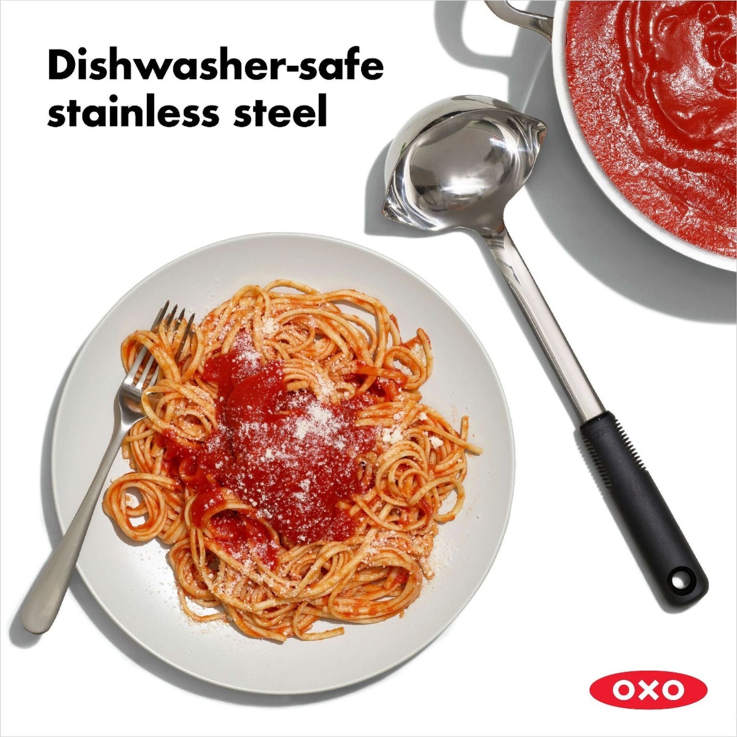 This shiny kitchen sidekick features ambidextrous pouring spouts that make both lefties and righties feel like VIPs while directing liquid with sniper-like precision. The clever angled head keeps your soup from plotting an escape during the scoop-to-bowl journey, while the non-slip handle clings to your hand like a koala to a tree - even when things get splashy!