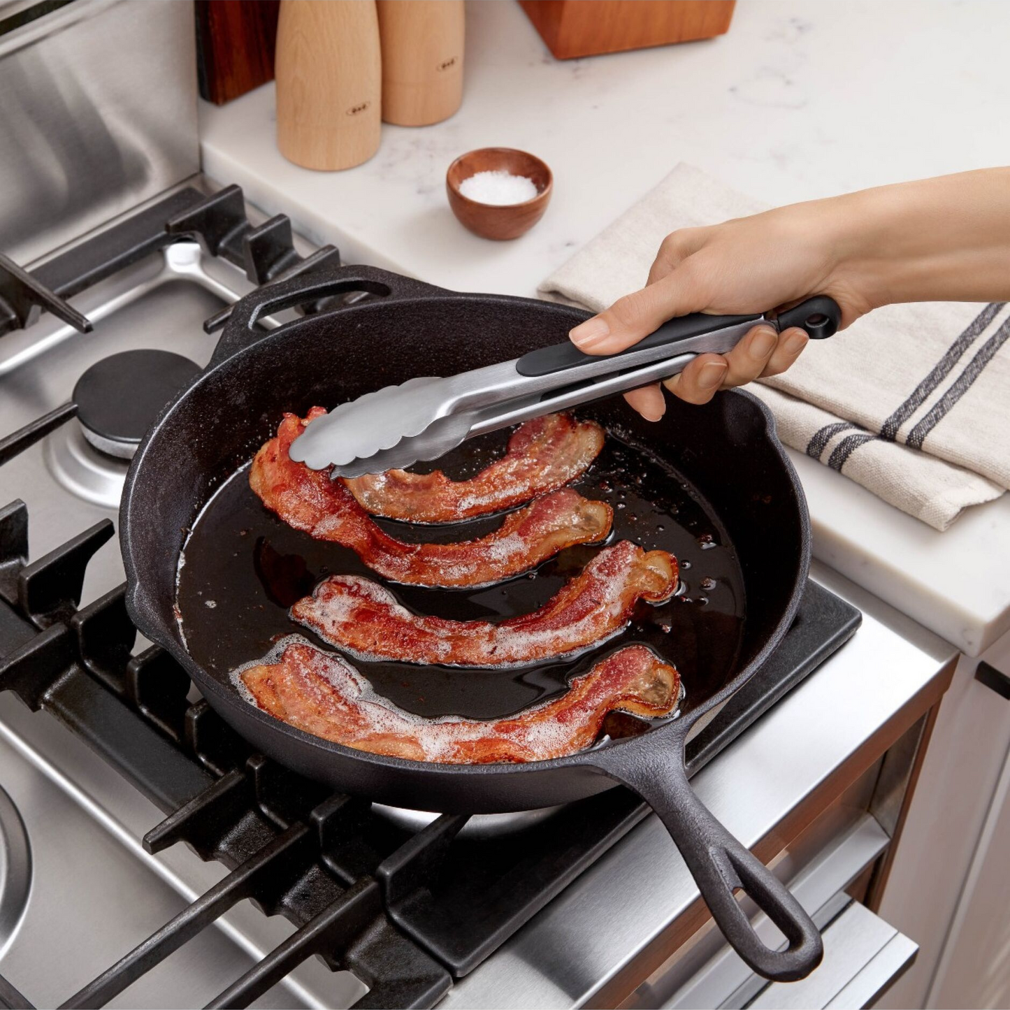 Our tongs feature brushed stainless steel with soft, non-slip handles and comfortable thumb rests. Easily lock in the closed position for convenient storage.