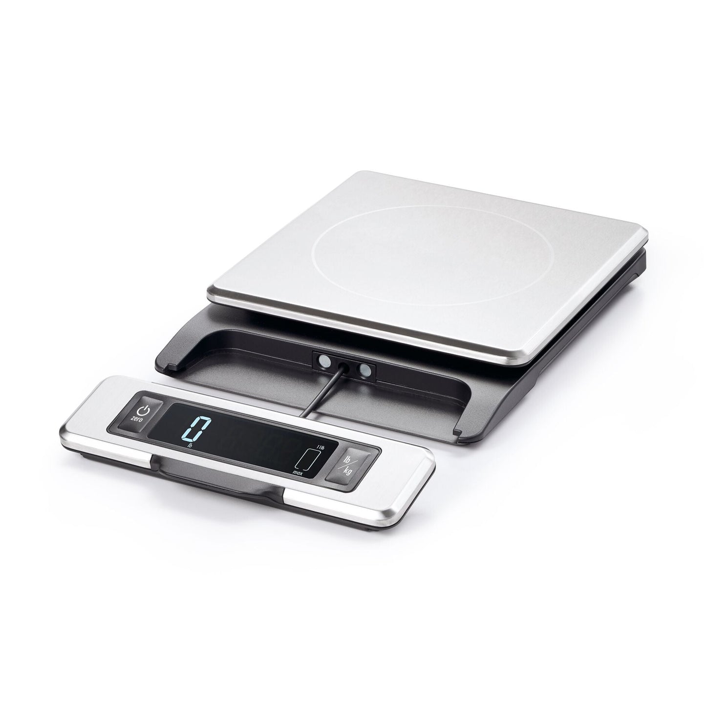 Side view of a stainless steel Digital kitchen scale on a white background