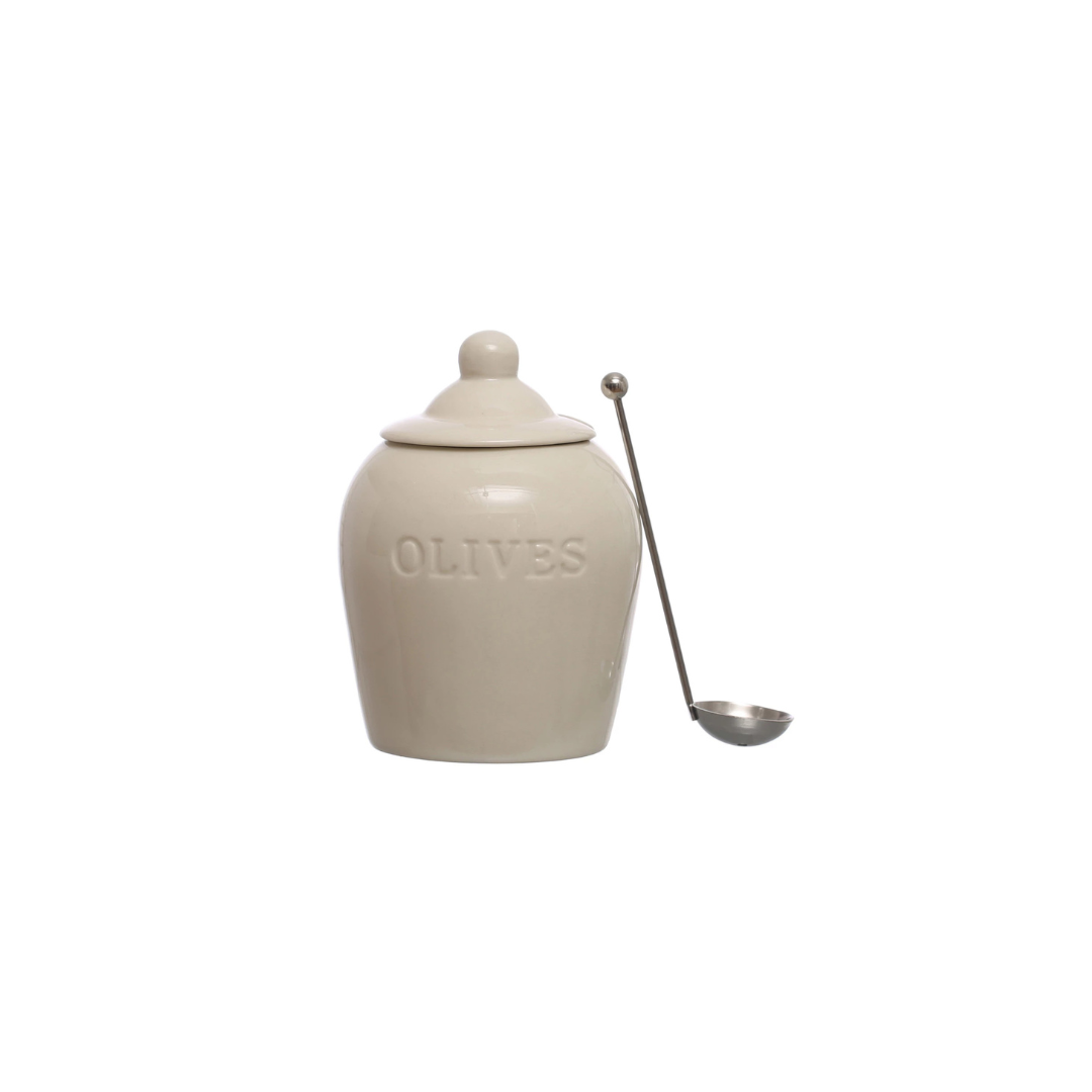 Enhance every kitchen storage with this 4-inch round debossed stoneware jars, each features a charming debossed design engraved with the word "Olives" and comes with a stainless steel slotted spoon.