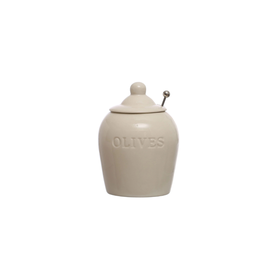 Enhance every kitchen storage with this 4-inch round debossed stoneware jars, each features a charming debossed design engraved with the word "Olives" and comes with a stainless steel slotted spoon.