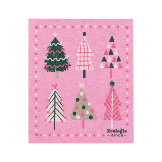 Pink towel with Christmas tree designs and 'Ecologie danica' branding on a white background