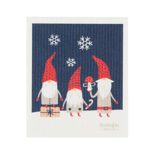 Festive kitchen towel with Christmas-themed gnomes and snowflakes on a blue background