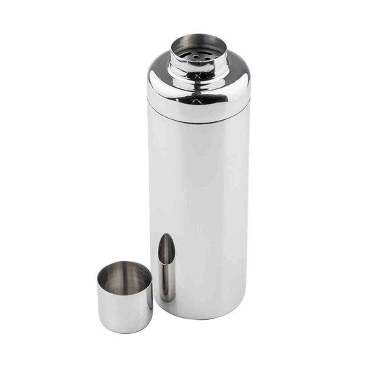 Silver cocktail shaker with a smaller cup attached on a white background