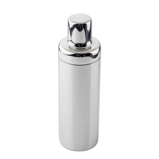Silver cylindrical container with a shiny lid on a white background