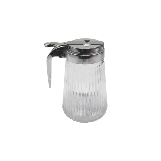 Clear glass condiment bottle with metal cap on a white background