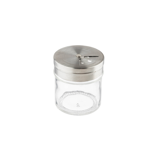Clear glass shaker with stainless steel top on a white background.