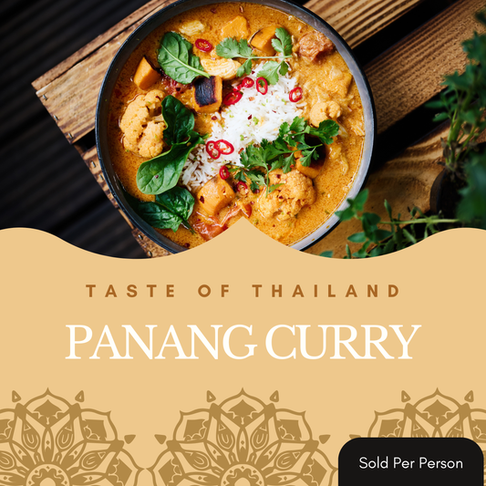 Panang curry dish with text 'Taste of Thailand Panang Curry' on a decorative background