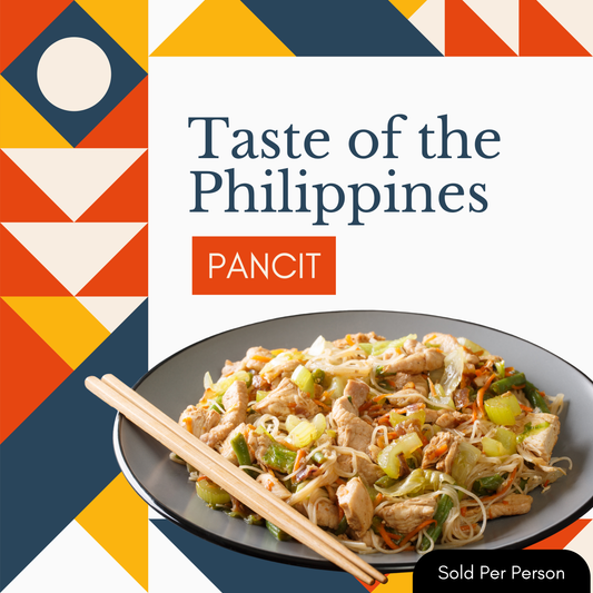 Pancit dish with chopsticks on a colorful geometric background, featuring 'Taste of the Philippines' text.