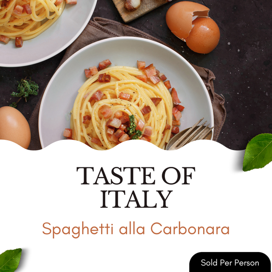 Spaghetti alla Carbonara dish with eggs and herbs on a dark surface, featuring 'Taste of Italy' branding.