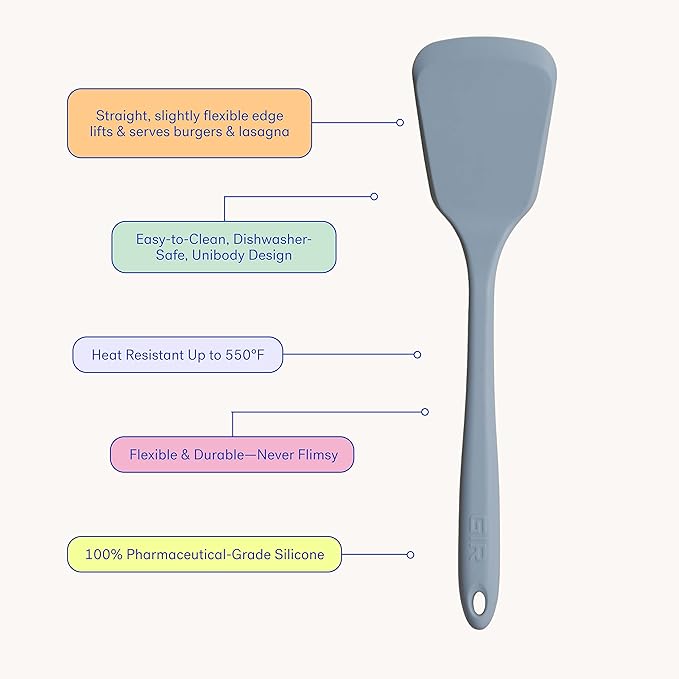 Meet your new kitchen powerhouse—the Ultimate Turner - Slate! Designed for lifting, flipping, and serving hefty foods with ease, this turner is built with a sturdy core for strength and a slightly flexible tip for precision. Whether you're tackling a sizzling BBQ feast, dishing up gooey lasagna, or stacking sky-high pancakes, this tool has the durability and versatility to handle it all.