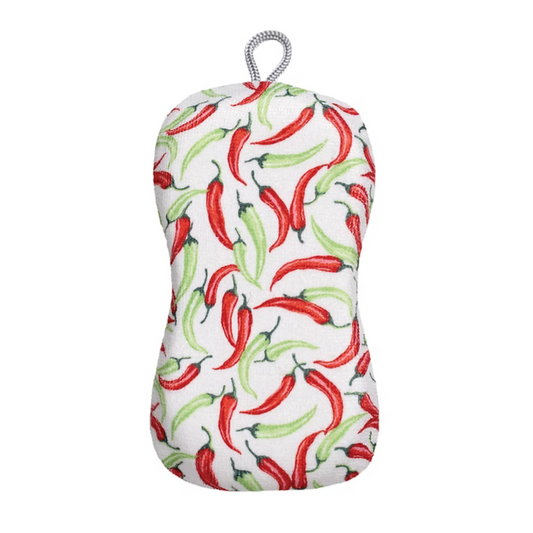 Potholder with red and green chili pepper pattern on a white background