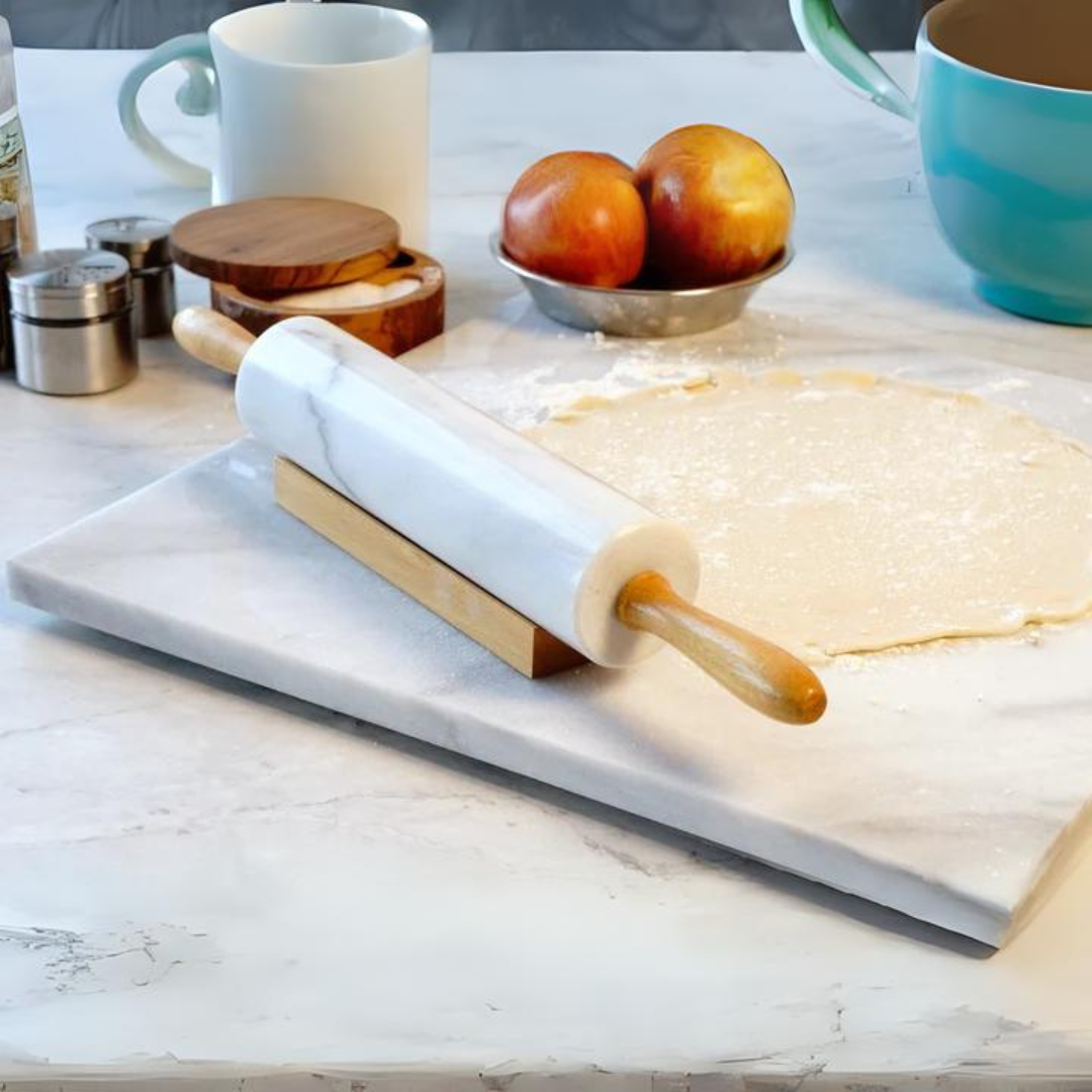 Natural alabaster marble atop polished hardwood handles and stand - an eye-catching addition to any countertop and stows away with ease. Specifically crafted for cool pastry dough, this heavy and efficient design is dependable and beautiful! Roll out the red carpet for the pastry chef in your life! This stunning rolling pin is sure to lend some serious wow to any countertop - all while producing that perfect, flaky crust time and time again.