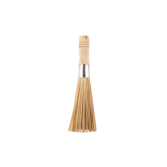 A traditional bamboo wok cleaning whisk with a split bamboo stalk design and a wooden handle with a metal ferrule.