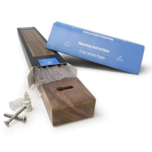 Wooden knife holder with mounting instructions and screws on a white background