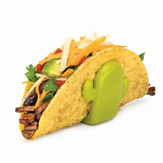 Taco with a cactus-shaped holder on a white background