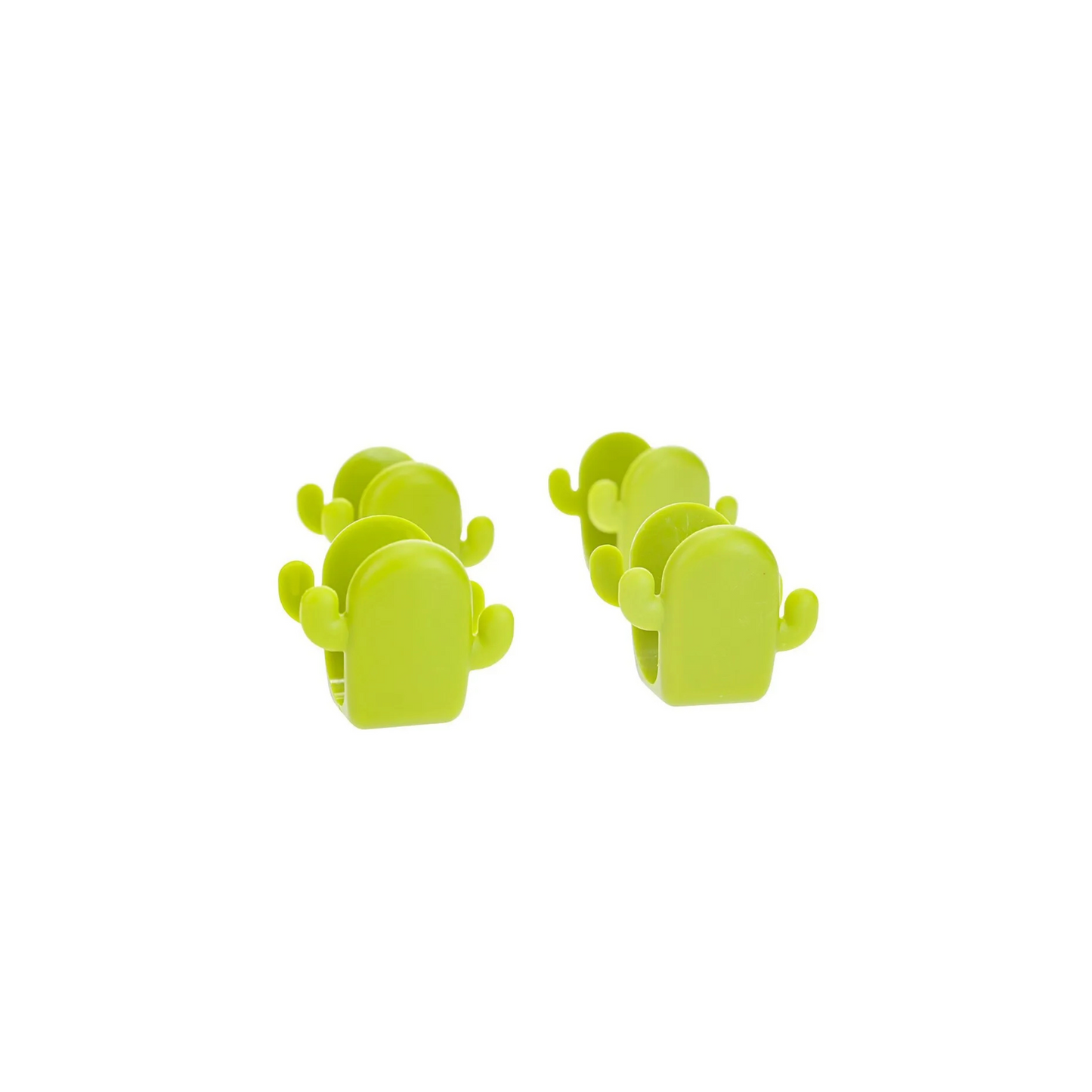 Four green cactus-shaped taco holders on a white background