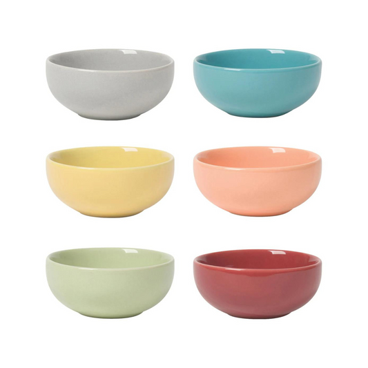 Set of six stoneware pinch bowls in six different Canyon colors! Made by Danica, this set of six pinch bowls are dishwasher-safe, microwave-safe, handy little helpers in the kitchen.