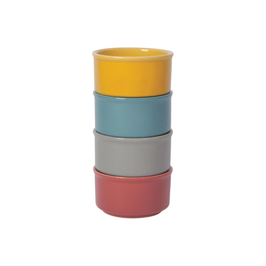 Set of 4 stoneware ramekins are 6 ounces in capacity. Made by Now Design, these red, blue, yellow, and grey ramekins are dishwasher and microwave safe!