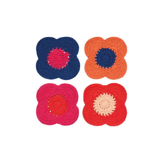 Bring a touch of handcrafted elegance to your table with the Poppy Crochet Coaster Set. Featuring a lively blend of vibrant reds, soft petal pinks, and cool blues, these intricately crocheted coasters celebrate the bold beauty of the poppy.