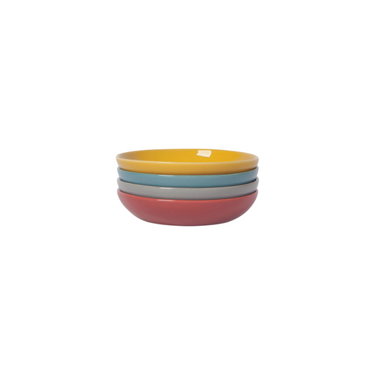 Add a pop of color to your table with the Canyon Dipping Dishes, a set of four stackable stoneware bowls in bold yellow, blue, grey, and red hues. Perfect for serving dips, nuts, candies, and more, these versatile dishes are both stylish and functional.