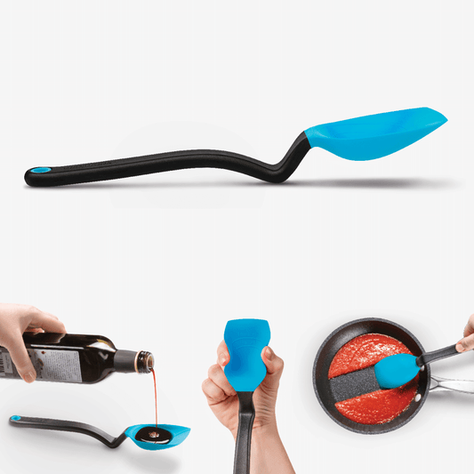 Supoon is the world’s best cooking spoon. It has a flat squeegee tip and flexible sides to scrape your pan or bowl clean, a deep scooping head, measures teaspoons and tablespoons, and its clever handle design is like having a built-in spoon rest so your Supoon’s head sits up off your bench.