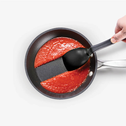 Supoon is the world’s best cooking spoon. It has a flat squeegee tip and flexible sides to scrape your pan or bowl clean, a deep scooping head, measures teaspoons and tablespoons, and its clever handle design is like having a built-in spoon rest so your Supoon’s head sits up off your bench.