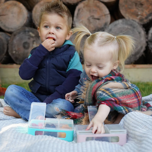 Two children playing with toys on a blanket outdoors, with logs in the background.