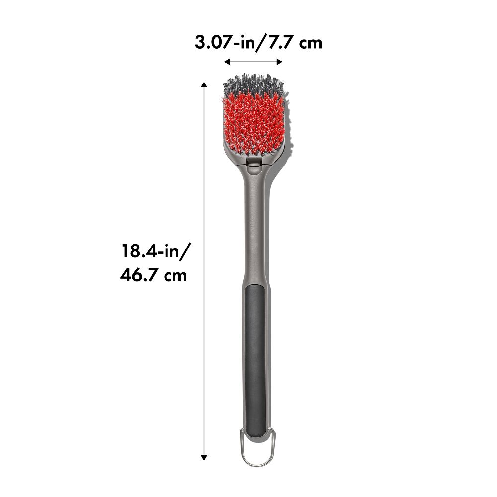 Barbecue brush with red bristle head and measurements on a white background