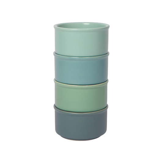Set of four ombre style green colored ramekins that hold six ounces each. Microwave, dishwasher, and oven safe up to 450 degrees. Perfect for desserts and small cooking and baking needs!