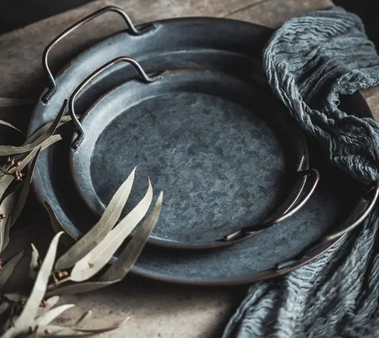 European Retro Metal Plate With Handles - (2 Piece Set)