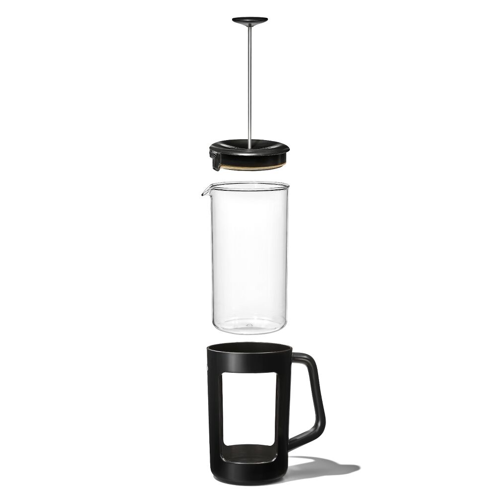 Black French press coffee maker with glass carafe on a white background