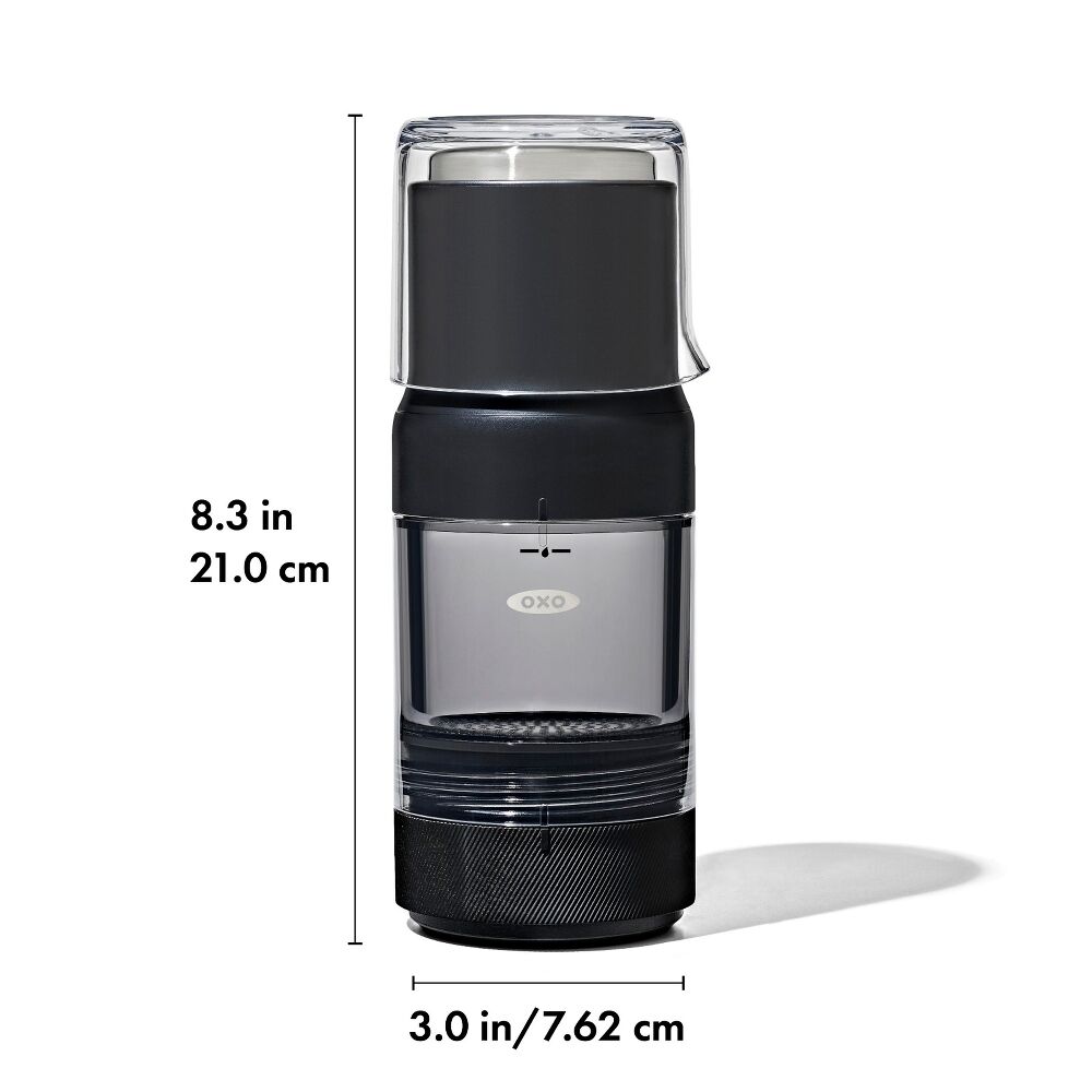 Black coffee grinder with dimensions labeled on a white background
