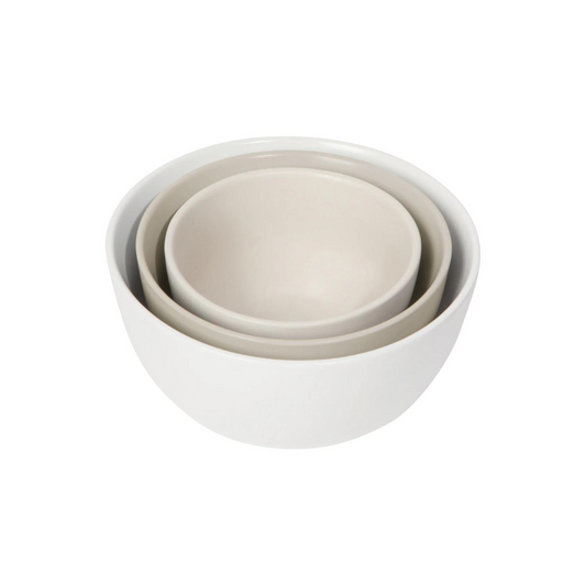 Set of 3 stoneware prep or mixing bowls. Comes with 7 ounce, 12 ounce, and 18 ounce bowls that nest together for easy storage. Dishwasher and microwave safe.
