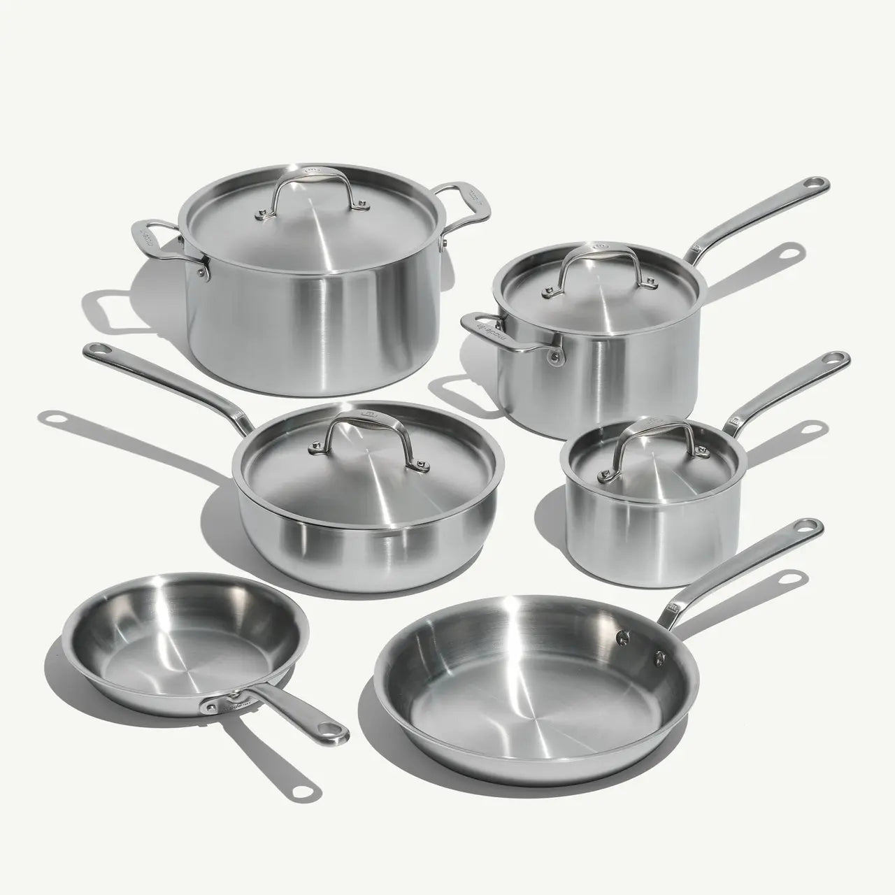 the 10-Piece Set is curated by chefs to bring you a much-needed cookware reset. This Set features a range of nearly indestructible Stainless Clad tools that will help you craft chef-quality meals, fill the gaps in your kitchen, breathe new life into your routine recipes, and inspire new favorites.

Crafted in Italy, our Stainless Clad Cookware is constructed from 5 layers of metals for improved heat conduction. This prevents stuck-on messes and ensures the 5-ply construction cleans up in seconds.