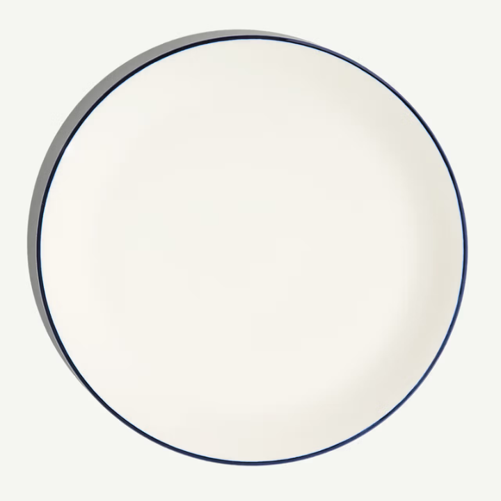 Round white plate with a blue rim on a white background