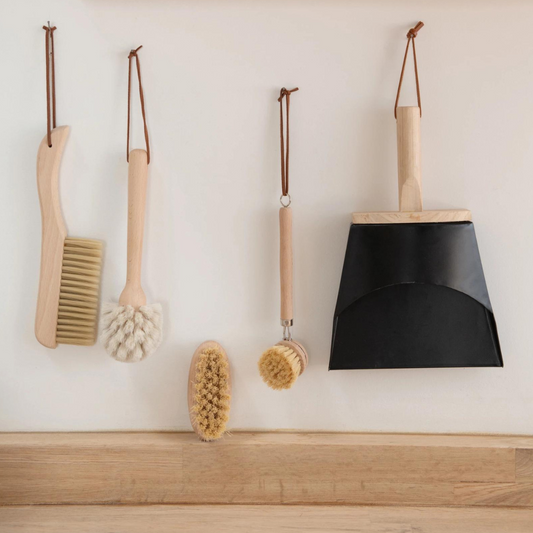 Beech Wood and Horse Hair scrub brush  with a leather hanging strap