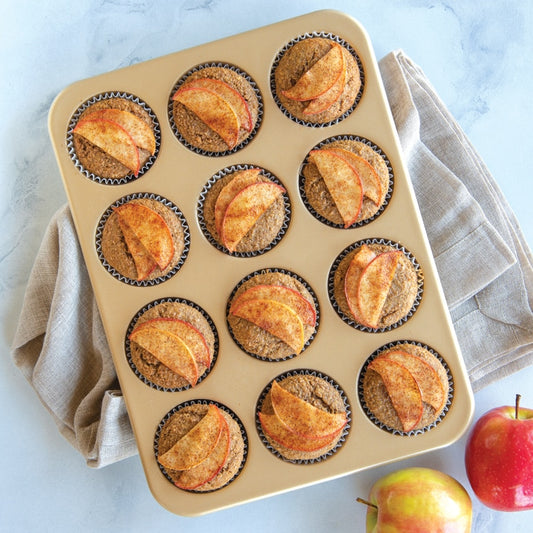 12 cup Nordic Ware muffin pan in nonstick naturals bakeware allows for easy cleanup, bakes evenly, and durable enough to last for years. 